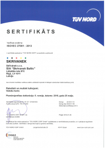 SO/IEC 27001:2013 sertifikāts