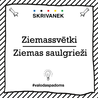 Attēls ar uzrakstiem “Ziemassvētki” un “Ziemas saulgrieži” zem Skrivanek logotipa, valodas padoma kontekstā.