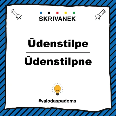 alts kvadrātveida attēls ar melnu apmali, uz kura redzami vārdi “Ūdenstilpe” un “Ūdenstilpne”, kā arī “SKRIVANEK” logotips un tēmturis“#valodaspadoms”.