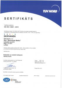 EN ISO 14001:2015 – vides vadības sistēmas sertifikāts