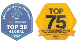 Language service provider rankings – CSA Research Top 50 Global and Nimdzi Top 75 badges.