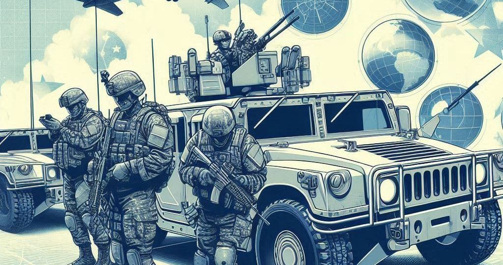 Illustration of Latvian and international military personnel, vehicles, and aircraft overlaid on global maps, symbolizing cross-border defense collaboration supported by Skrivanek’s language services.