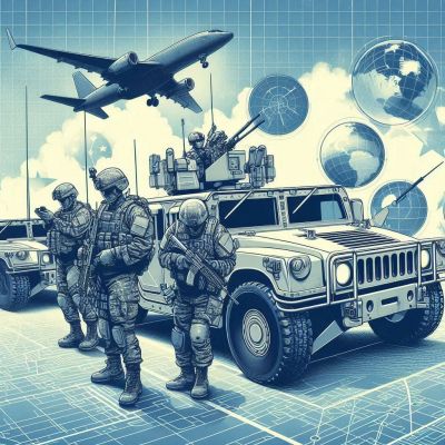 Illustration of Latvian and international military personnel, vehicles, and aircraft overlaid on global maps, symbolizing cross-border defense collaboration supported by Skrivanek’s language services.