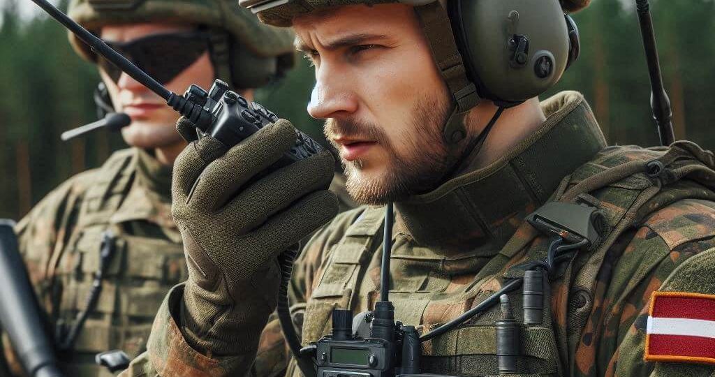 Two soldiers in military gear using communication devices, representing the use of the military phonetic alphabet.