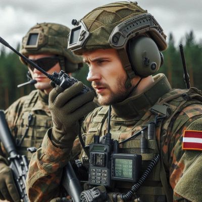 Zwei Soldaten in Militärkleidung benutzen Kommunikationsgeräte, die die Verwendung des militärischen phonetischen Alphabets darstellen.
