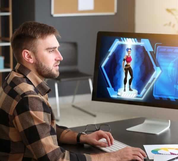 Person working on a computer displaying an AI-generated character, reflecting themes of AI ownership and responsibility as explained by Skrivanek Baltic.