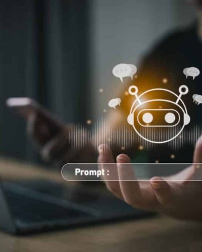 Persona pie datora un viedtālruņa, vizualizēts mākslīgā intelekta čatbots ar runas viļņiem un ikonu 'Prompt:', attēlojot Skrivanek interesi par mākslīgā intelekta regulējumu un tā integrāciju valodu tehnoloģijās.
