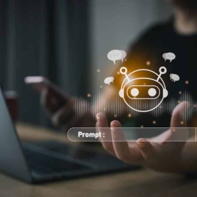 Persona pie datora un viedtālruņa, vizualizēts mākslīgā intelekta čatbots ar runas viļņiem un ikonu 'Prompt:', attēlojot Skrivanek interesi par mākslīgā intelekta regulējumu un tā integrāciju valodu tehnoloģijās.