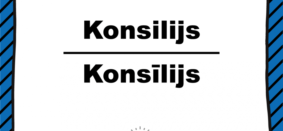 Attēlā redzams Skrivanek valodas padoms par vārda “konsilijs” pareizrakstību. Augšā vārds uzrakstīts ar īsu “i” – “Konsilijs”, bet apakšā ar garo “ī” – “Konsīlijs”. Uzsvars tiek likts uz pareizo formu. Attēls noformēts ar raksturīgo Skrivanek dizainu, zilām svītrām fonā un spuldzīti ar tēmturi #valodaspadoms.