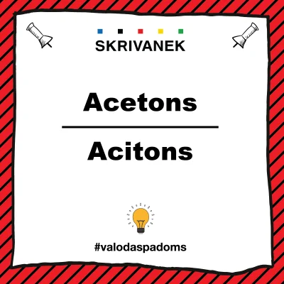 Sarkani svītrains fons ar baltu plakātu, kurā redzami divi vārdi: “Acetons” virs līnijas un “Acitons” zem tās. Augšā “SKRIVANEK” logotips ar krāsainiem kvadrātiņiem, apakšā spuldzītes ikona un tēmturis “#valodaspadoms”.