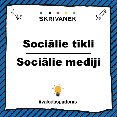 Zili svītrains fons ar baltu plakātu, kurā rakstīts “Sociālie tīkli” virs horizontālas līnijas un “Sociālie mediji” zem tās. Augšā “SKRIVANEK” logotips ar krāsainiem kvadrātiņiem, apakšā spuldzītes ikona un mirkļbirka “#valodaspadoms”.
