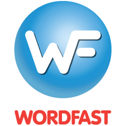 Wordfast logotips ar baltu “WF” uz zilas sfēras un sarkanu uzrakstu “Wordfast” zem tā.