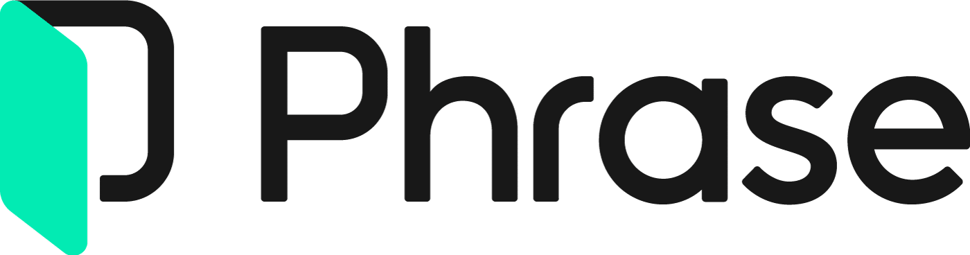 Phrase logotips ar stilizētu tirkīzzilu ikonu kreisajā pusē un melnu uzrakstu “Phrase” modernā sans-serif fontā.