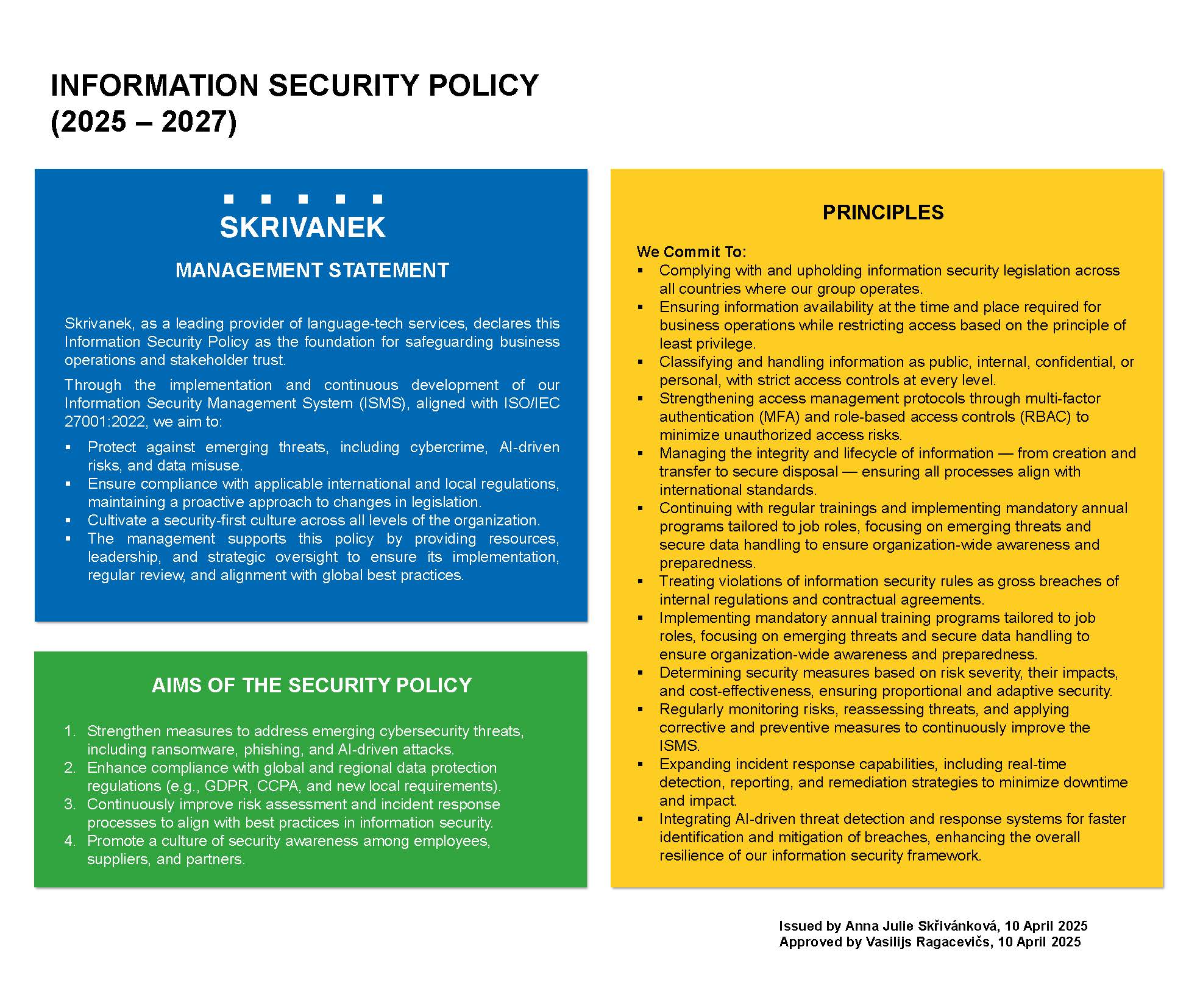 Skrivanek Information Security Policy 2025–2027 – safeguarding data and cyber resilience Skrivanek Information Security Policy infographic for 2025–2027 with sections for management statement, principles, and security policy aims presented in blue, yellow, and green blocks.