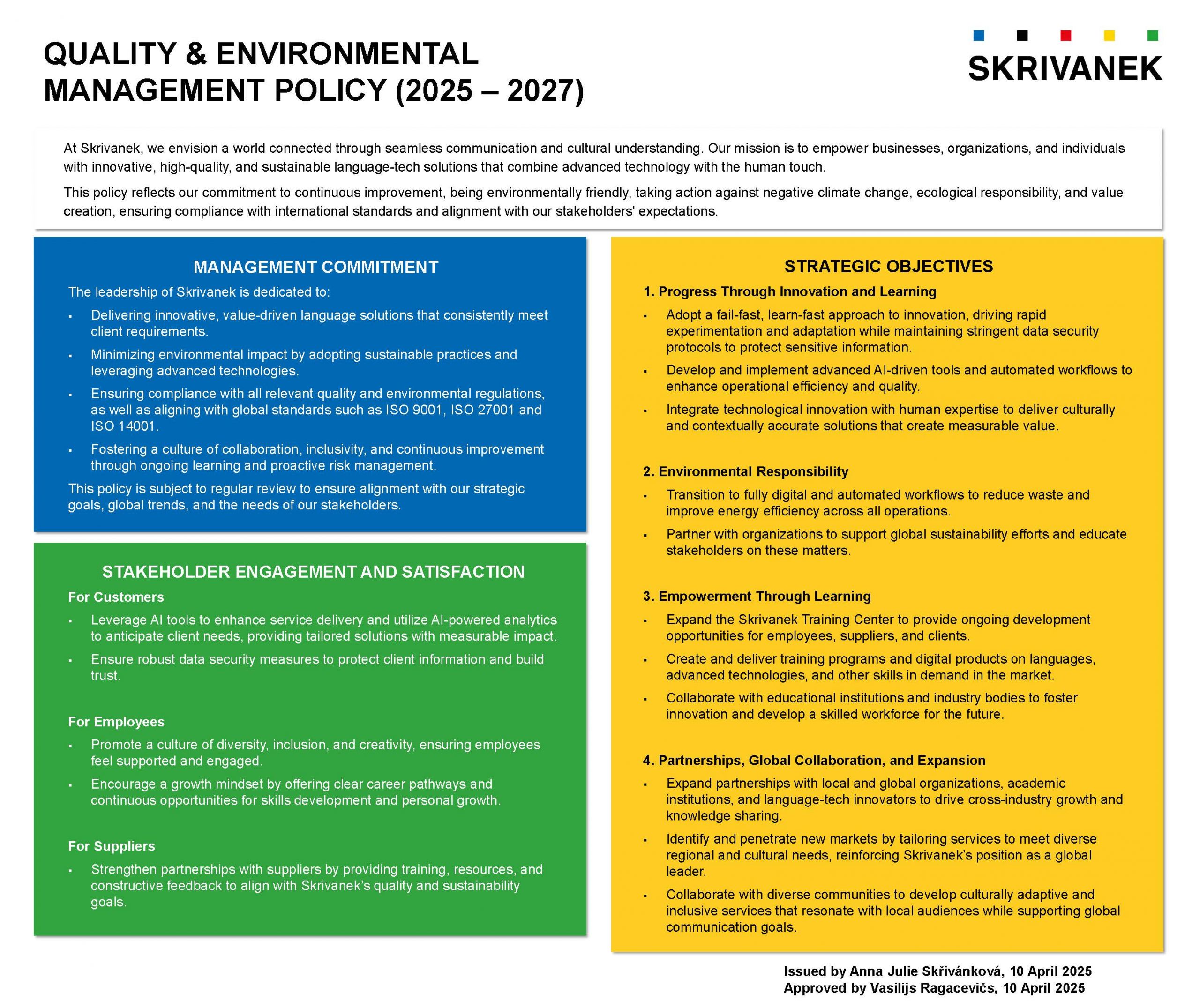 Skrivanek Quality and Environmental Management Policy 2025–2027 – innovation and sustainability in action Skrivanek Quality and Environmental Management Policy infographic for 2025–2027 showing management commitment, stakeholder engagement, and strategic objectives in blue, green, and yellow sections.