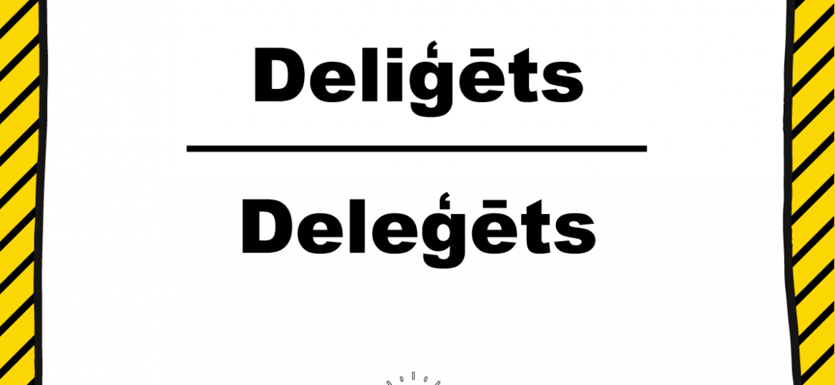 Balts kvadrātveida lauks ar dzeltenu svītrainu fonu, augšpusē “SKRIVANEK” logotips, vidū melns teksts “Deliģēts”, “Deleģēts”, apakšā spuldzītes ikona un uzraksts “#valodaspadoms”.