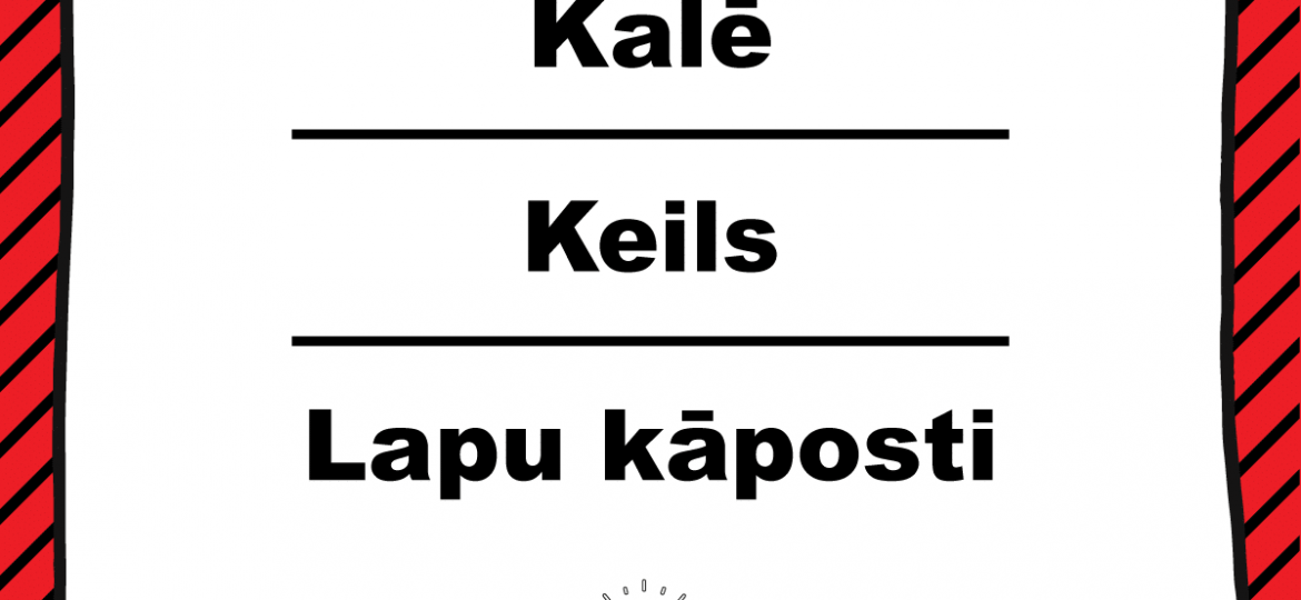 Balts kvadrātveida lauks ar sarkanu svītrainu fonu, “SKRIVANEK” logotips augšpusē, melns teksts “Kalē”, “Keils”, “Lapu kāposti”, apakšā dzeltenas spuldzītes ikona un uzraksts “#valodaspadoms”.