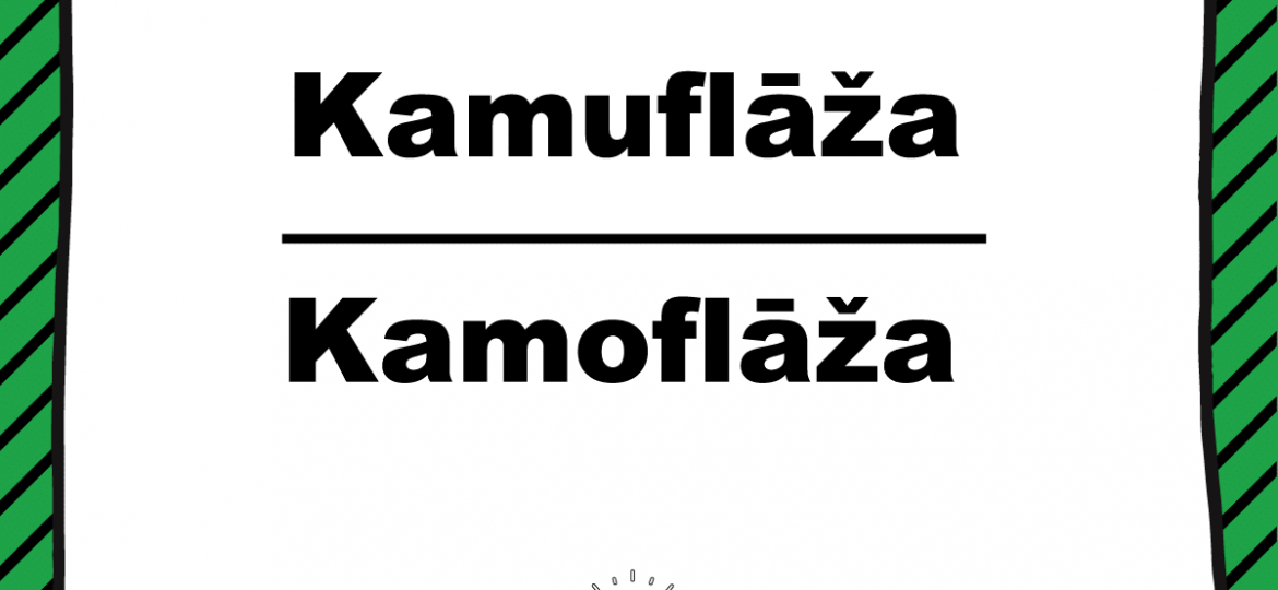 Balts fons ar melnu apmali un zaļām diagonālām svītrām fonā, augšā “SKRIVANEK” logotips, centrā salīdzināti vārdi “Kamuflāža / Kamoflāža”, apakšā spuldzītes ikona un tēmturis #valodaspadoms.