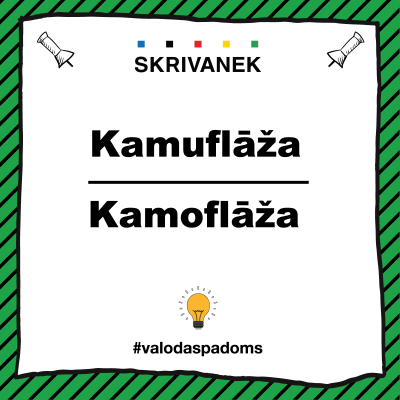 Balts fons ar melnu apmali un zaļām diagonālām svītrām fonā, augšā “SKRIVANEK” logotips, centrā salīdzināti vārdi “Kamuflāža / Kamoflāža”, apakšā spuldzītes ikona un tēmturis #valodaspadoms.