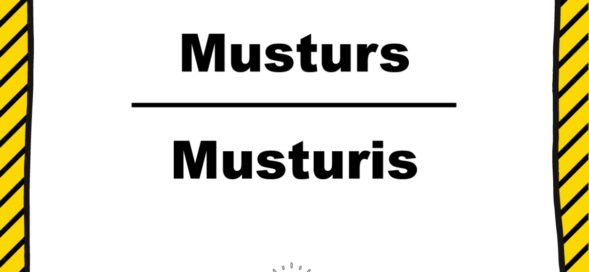Balts fons ar melnu apmali un dzeltenām diagonālām svītrām fonā, augšā “SKRIVANEK” logotips, centrā salīdzināti vārdi “Musturs / Musturis”, apakšā spuldzītes ikona un tēmturis #valodaspadoms.