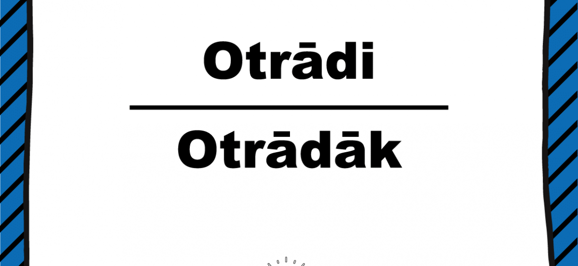 Balts fons ar melnu apmali un zilām diagonālām svītrām fonā, augšā redzams “SKRIVANEK” logotips, centrā salīdzināti vārdi “Otrādi / Otrādāk”, apakšā spuldzītes ikona un tēmturis #valodaspadoms.