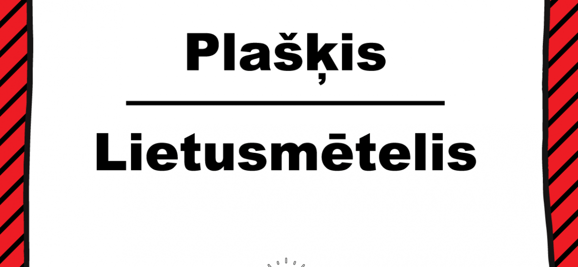 Balts fons ar melnu apmali un sarkanām diagonālām svītrām fonā, augšā “SKRIVANEK” logotips, centrā salīdzināti vārdi “Plašķis / Lietusmētelis”, apakšā spuldzītes ikona un tēmturis #valodaspadoms.