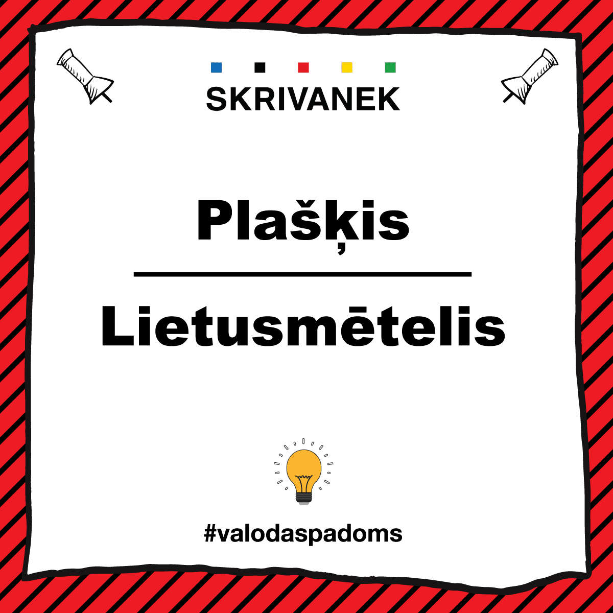 Balts fons ar melnu apmali un sarkanām diagonālām svītrām fonā, augšā “SKRIVANEK” logotips, centrā salīdzināti vārdi “Plašķis / Lietusmētelis”, apakšā spuldzītes ikona un tēmturis #valodaspadoms.