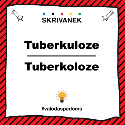 Skrivanek valodas padoma grafika ar uzrakstiem “Tuberkuloze” un “Tuberkoloze”, izkārtotiem viens virs otra uz balta fona ar sarkanu svītrainu ietvaru; augšpusē redzams Skrivanek logotips, apakšā gaismas spuldzes ikona un tēmturis “valodaspadoms”