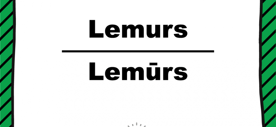 Skrivanek valodas padoma vizuālis ar uzrakstu “Lemurs / Lemurs”, zaļš svītrains rāmis, Skrivanek logo augšpusē un #valodaspadoms apakšā