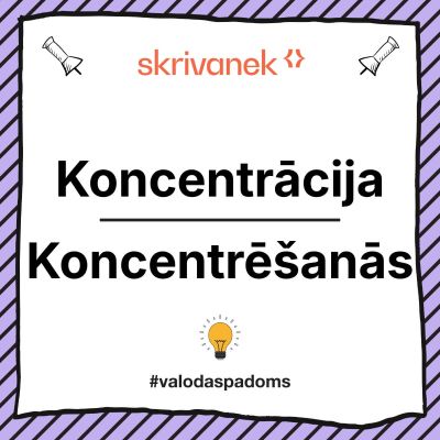 Skrivanek valodas padoma vizuālis ar uzrakstu “Koncentrācija / Koncentrēšanās”, violets svītrains rāmis, Skrivanek logo augšā un #valodaspadoms apakšā