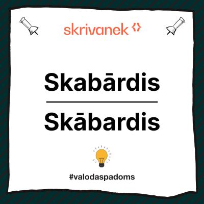 Skrivanek valodas padoma vizuālis ar uzrakstu “Skabārdis / Skābardis”, tumši zaļš svītrains rāmis, Skrivanek logo augšā un #valodaspadoms apakšā