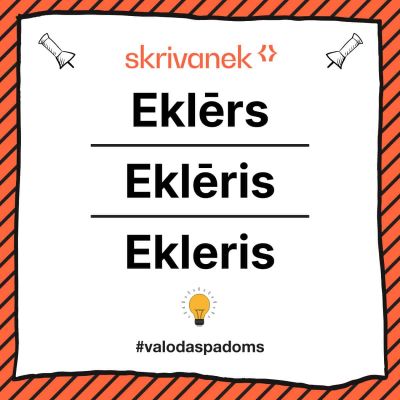 Skrivanek valodas padoma vizuālis ar uzrakstu “Eklērs / Eklēris / Ekleris”, oranžs svītrains rāmis, Skrivanek logo augšā un #valodaspadoms apakšā