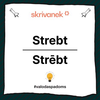 Skrivanek valodas padoma vizuālis ar uzrakstu “Strēbt / Strebt”, tumši zaļš svītrains rāmis, Skrivanek logo augšā un #valodaspadoms apakšā
