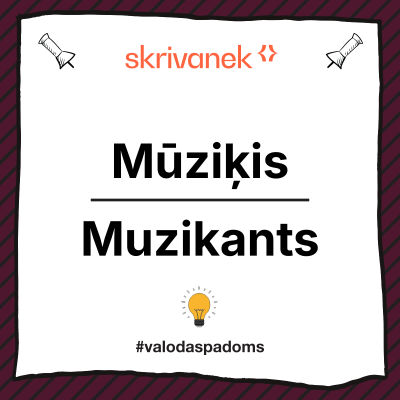 Skrivanek valodas padoma vizuālis ar uzrakstu “Mūziķis / Muzikants”, tumši bordo svītrains rāmis, Skrivanek logo augšā un #valodaspadoms apakšā